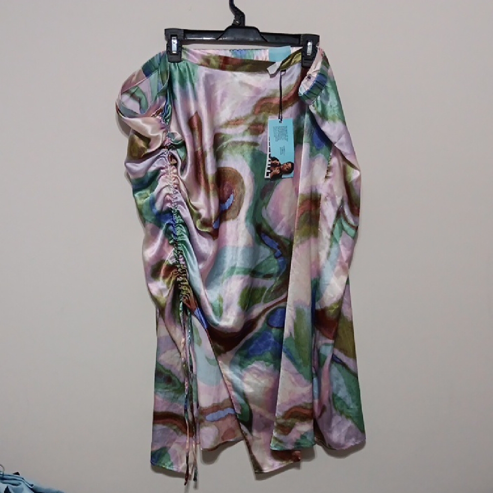 Satin Abstract Print Drawstring Skirt - Multicolor